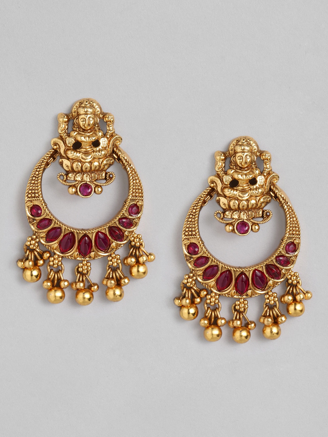 

Peora Gold-Plated & Magenta Handcrafted Temple Chandbali Earrings