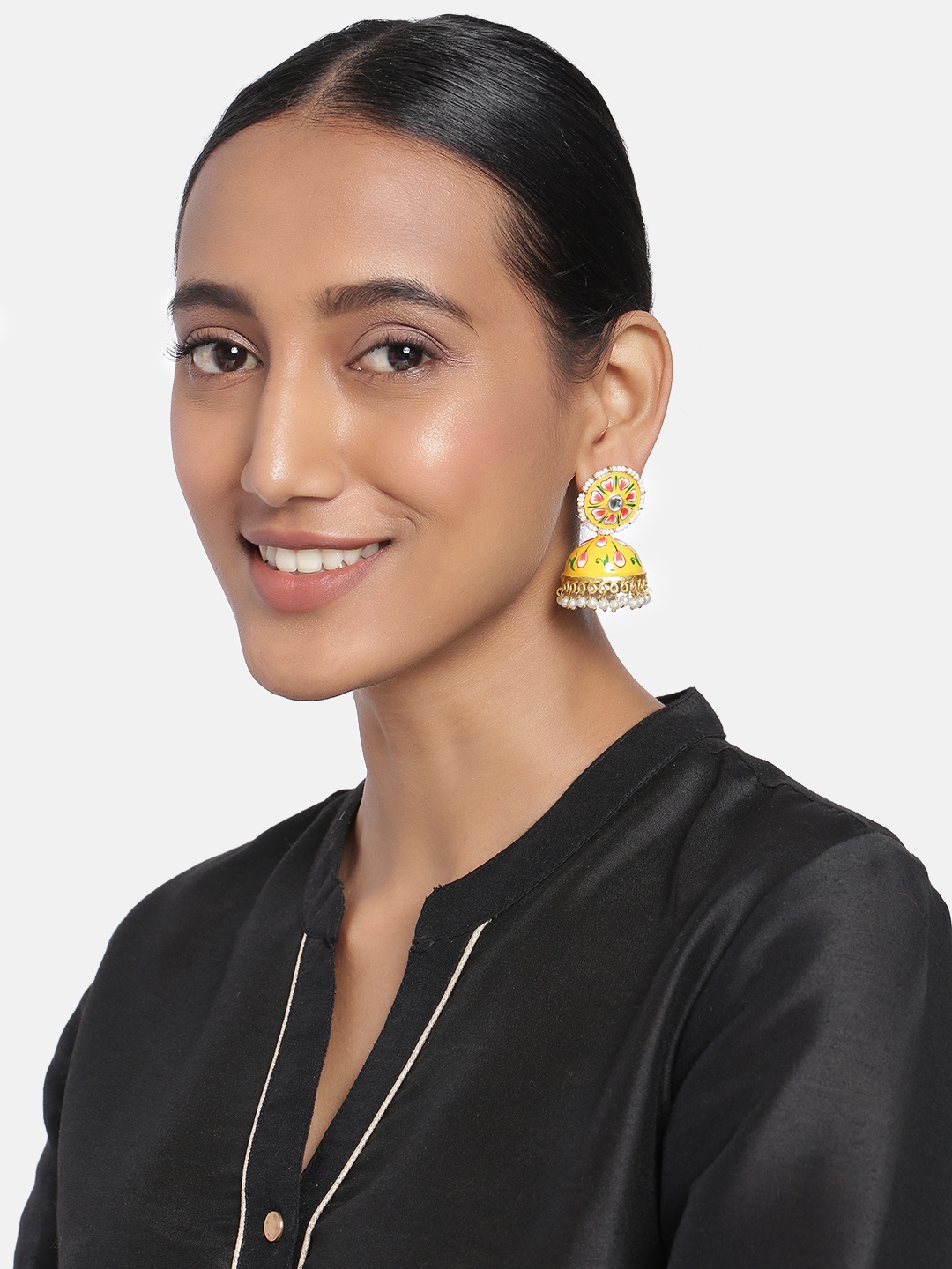 

Peora Yellow Gold Plated Meenakari Enamelled Jhumka Earrings