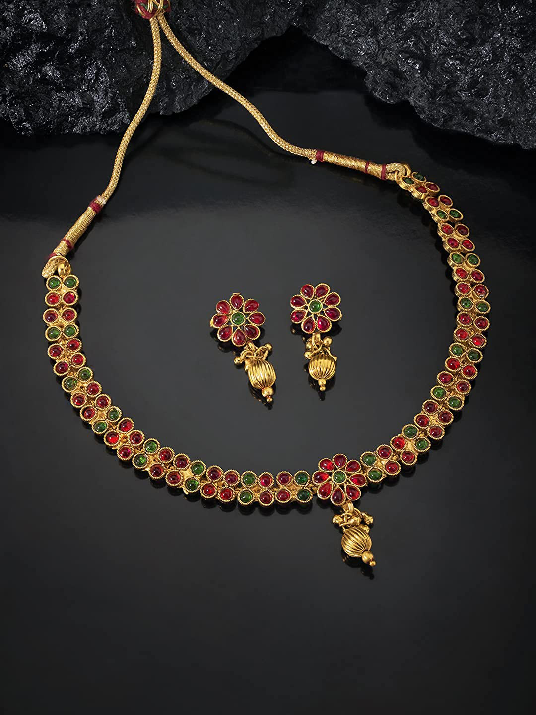 

Peora Red & Green Gold-Plated Stone Studded Handcrafted Jewellery Set