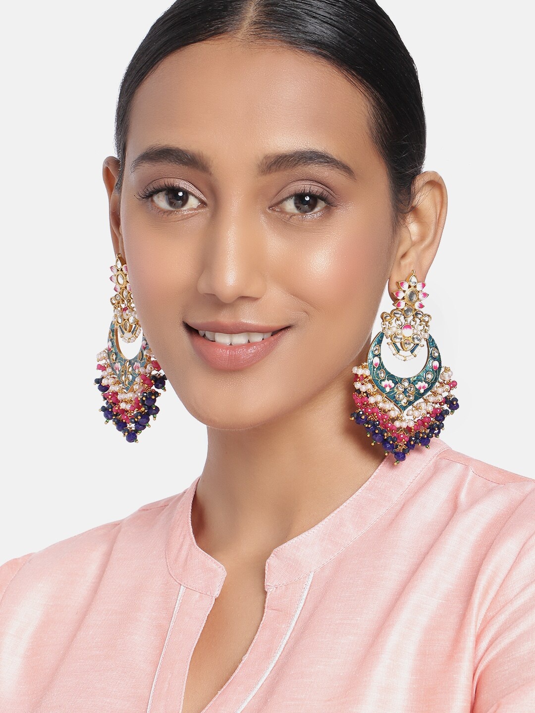 

Peora Green & White Gold-Plated Handcrafted Crescent Shaped Chandbalis Earrings