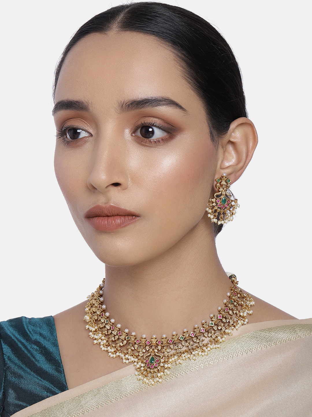

Peora Red & Green Gold-Plated Stone Studded Handcrafted Jewellery Set