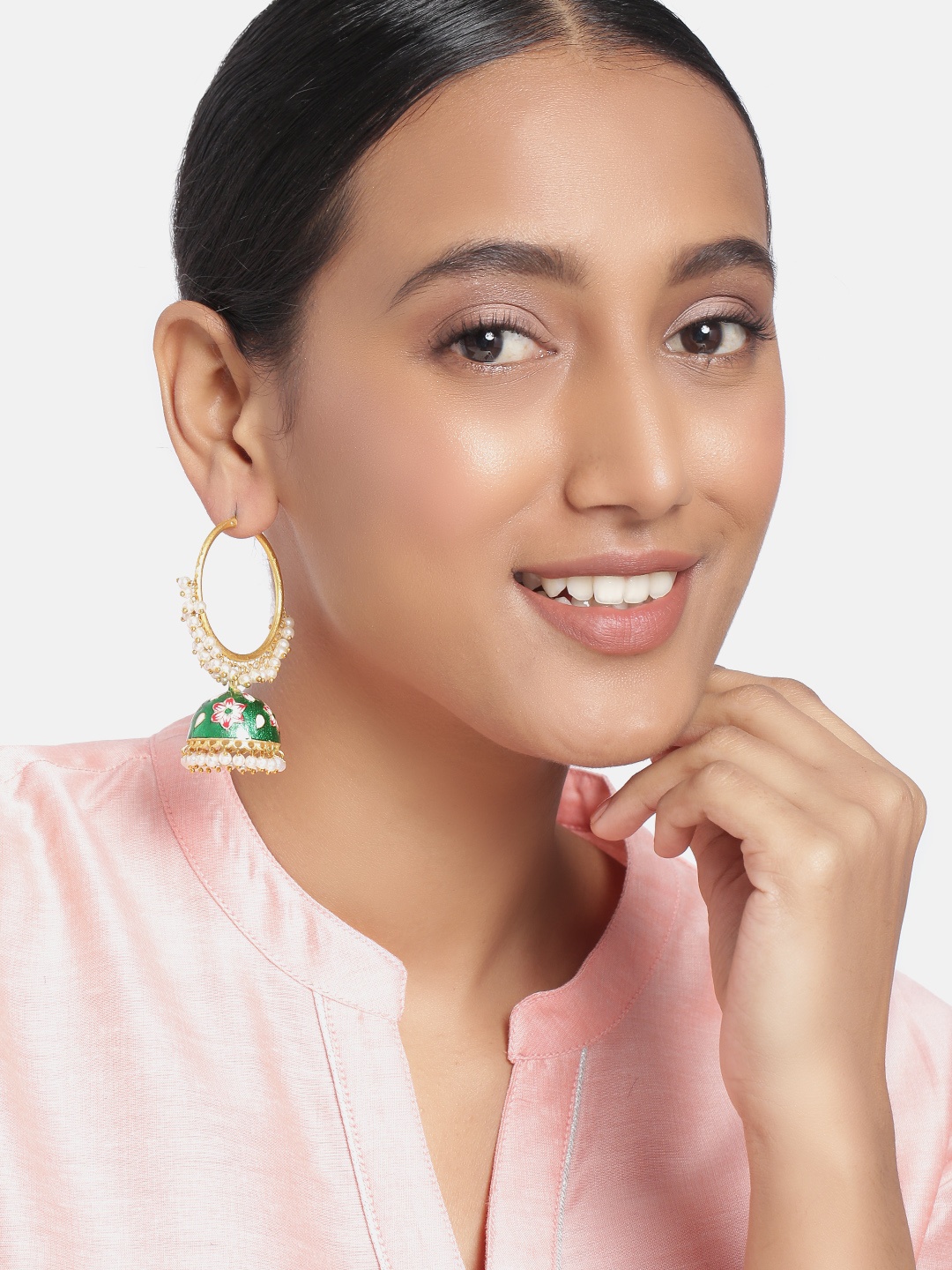 

Peora Green Gold-Plated Handcrafted Meenakari Dome Shaped Jhumkas Earrings