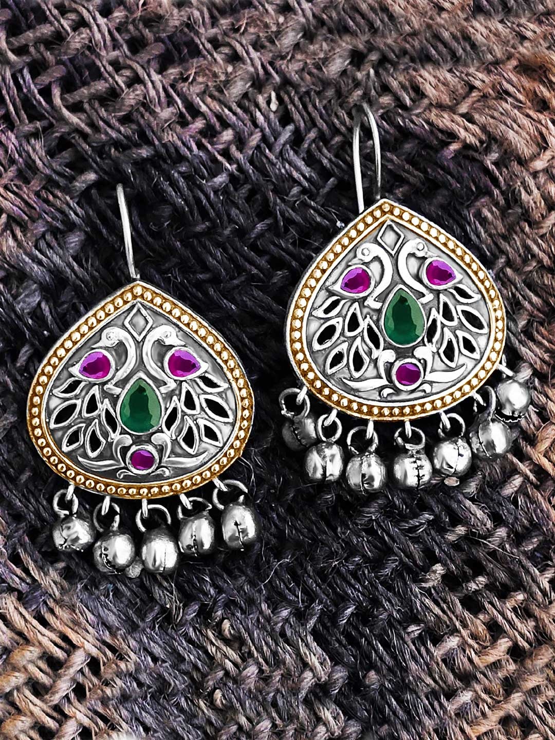 

Peora Oxidised Silver-Plated Green Handcrafted Antique Teardrop Shaped Drop Earrings