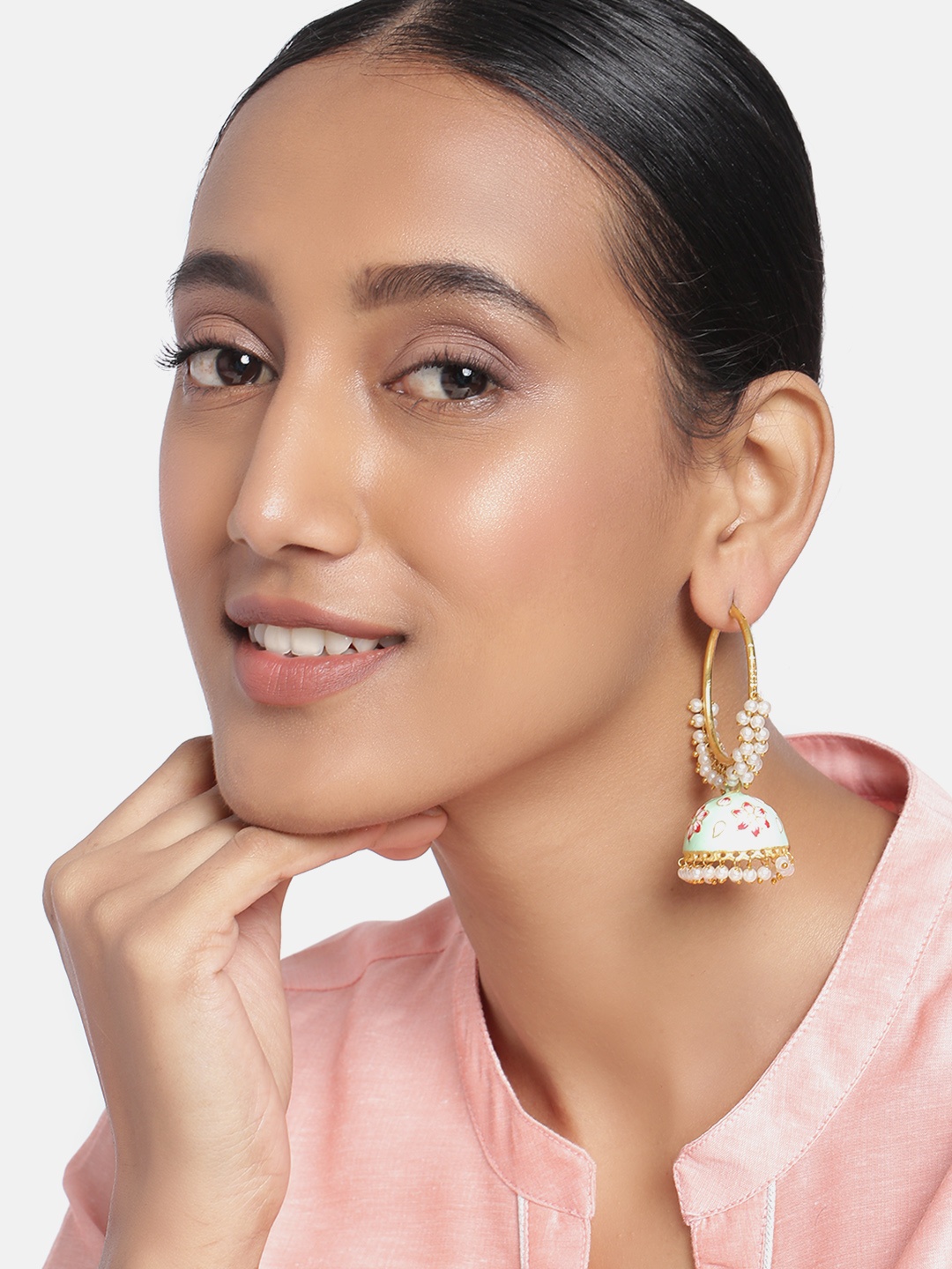 

Peora Mint Green Gold-Plated Handcrafted Meenakari Dome Shaped Jhumkas Earrings