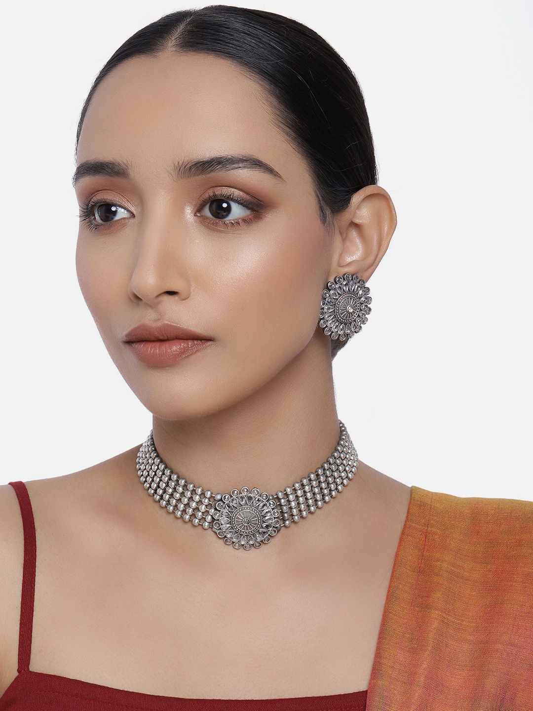 

Peora Oxidised Silver-Plated Stone Studded Handcrafted Jewellery Set