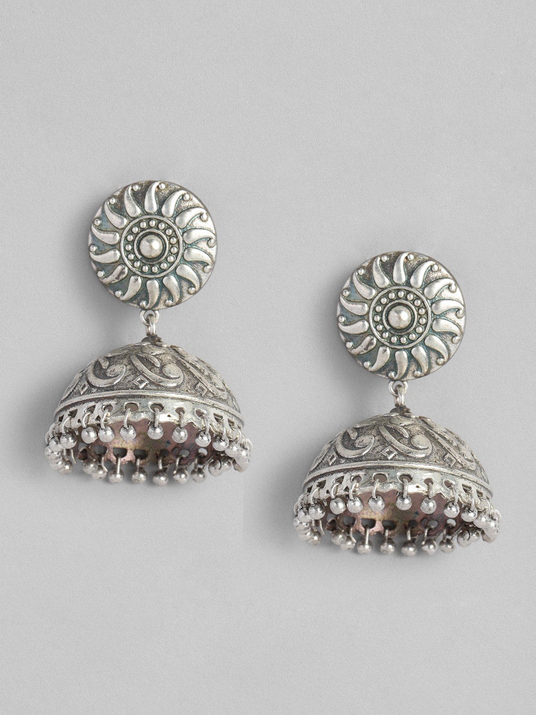 

Peora Silver-Plated Handcrafted Fancy Antique Dome Shaped Jhumkas Earrings