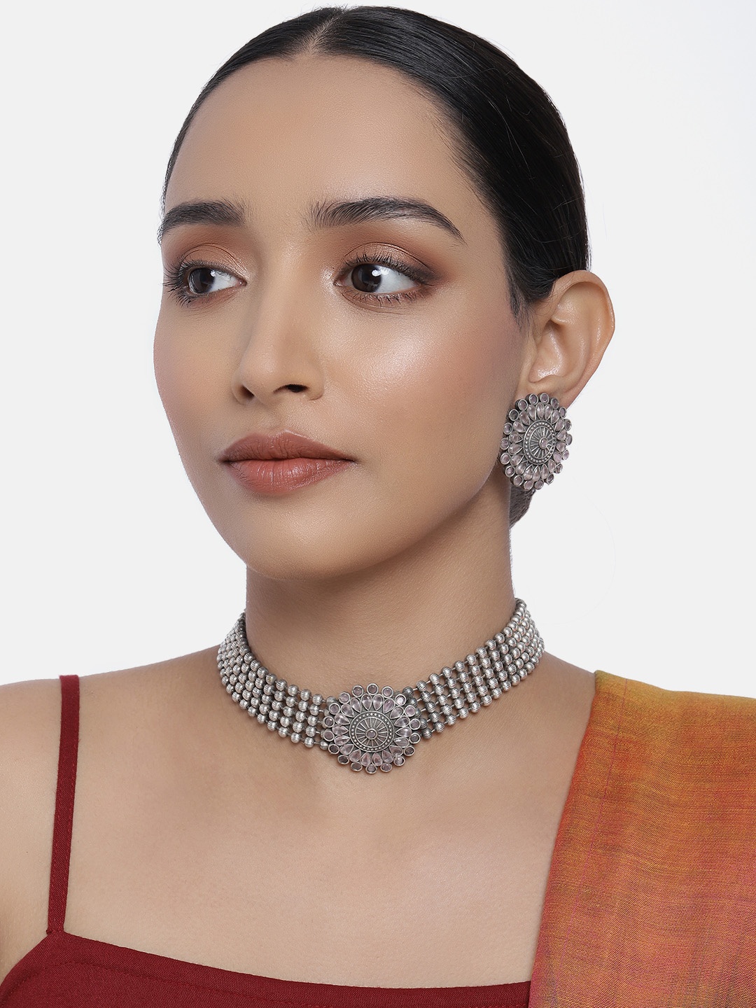 

Peora Oxidised Silver-Plated Stone Studded Handcrafted Jewellery Set