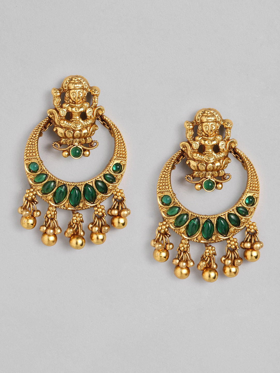 

Peora Gold-Plated & Green Handcrafted Temple Chandbali Earrings