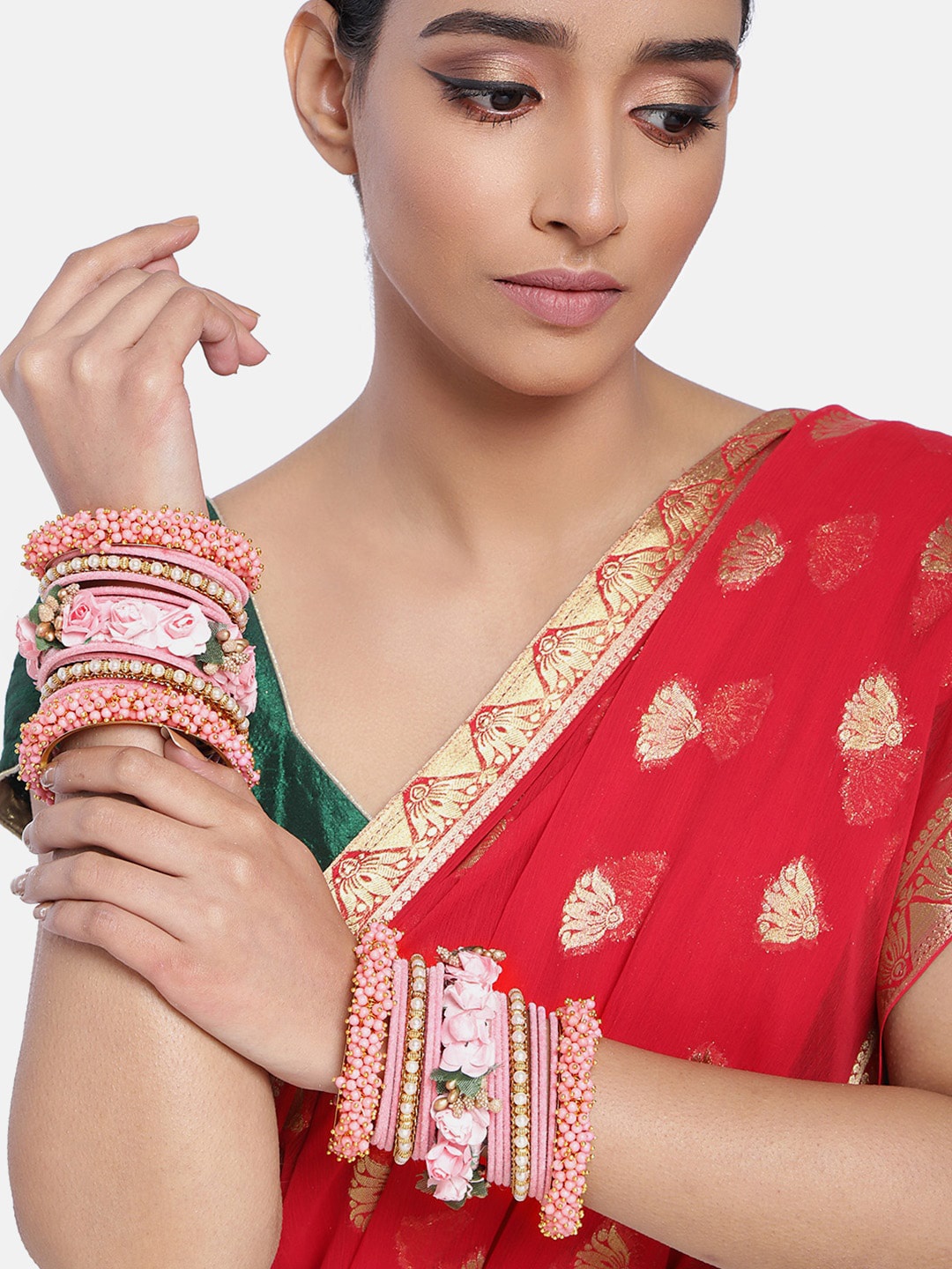 

Peora Set of 34 Light Pink Floral-Beaded Handcrafted Bangles