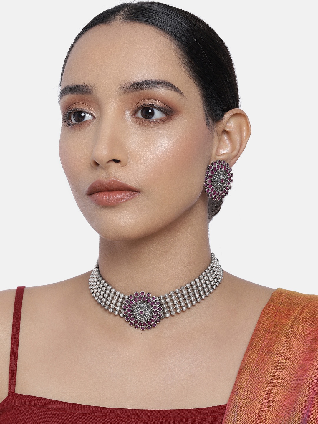 

Peora Magenta Oxidised Silver-Plated Stone Studded Handcrafted Jewellery Set