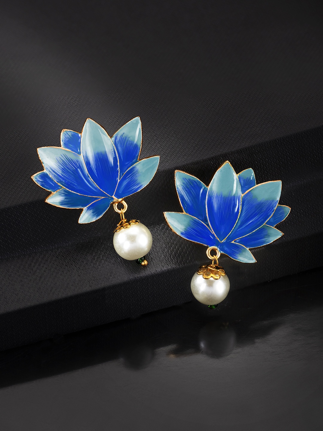 

Peora Gold-Plated & Blue Handcrafted Enamelled Lotus and Pearl-Beaded Drop Earrings