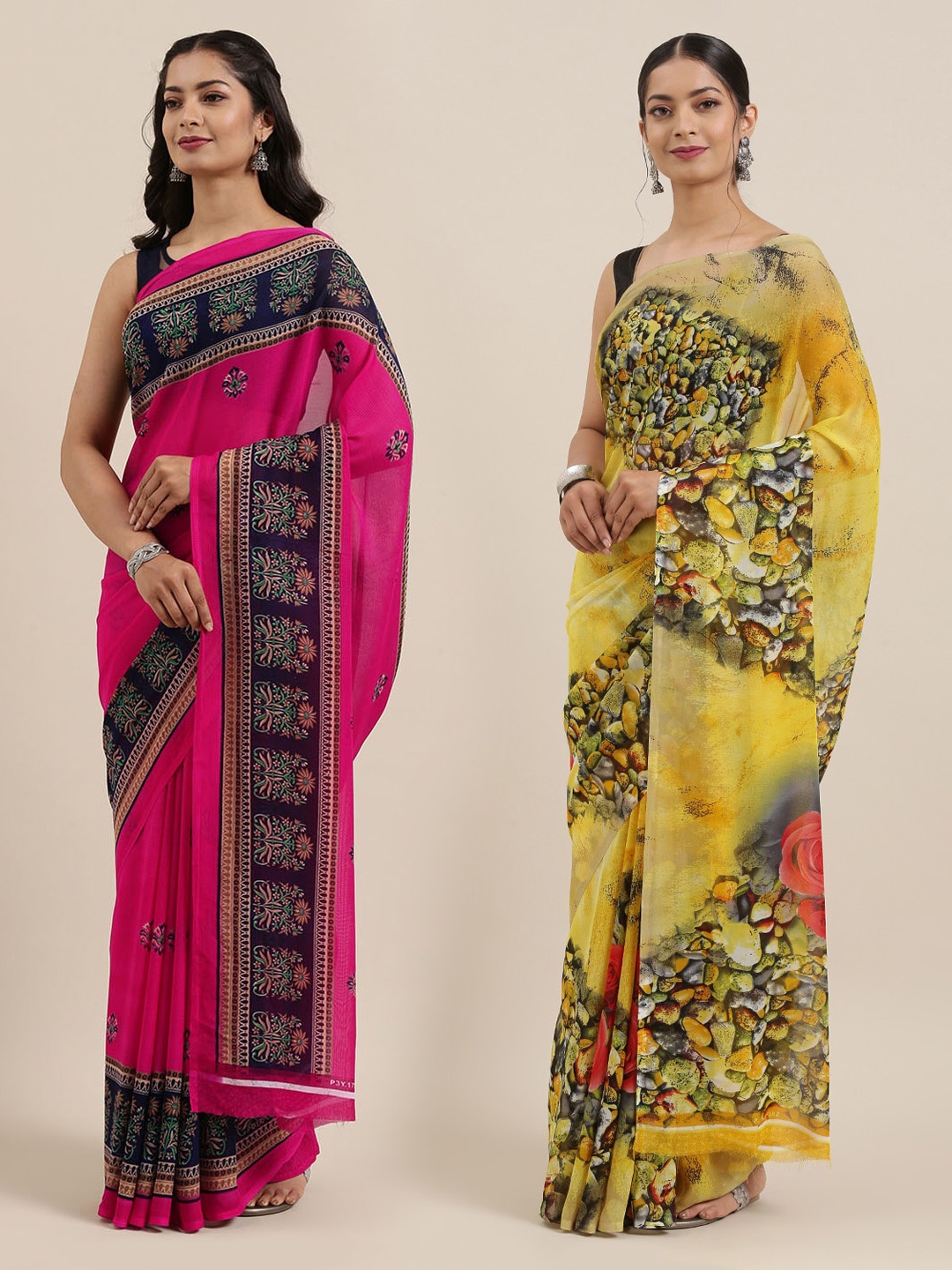 

KALINI Women Pack of 2 Printed Saree, Yellow