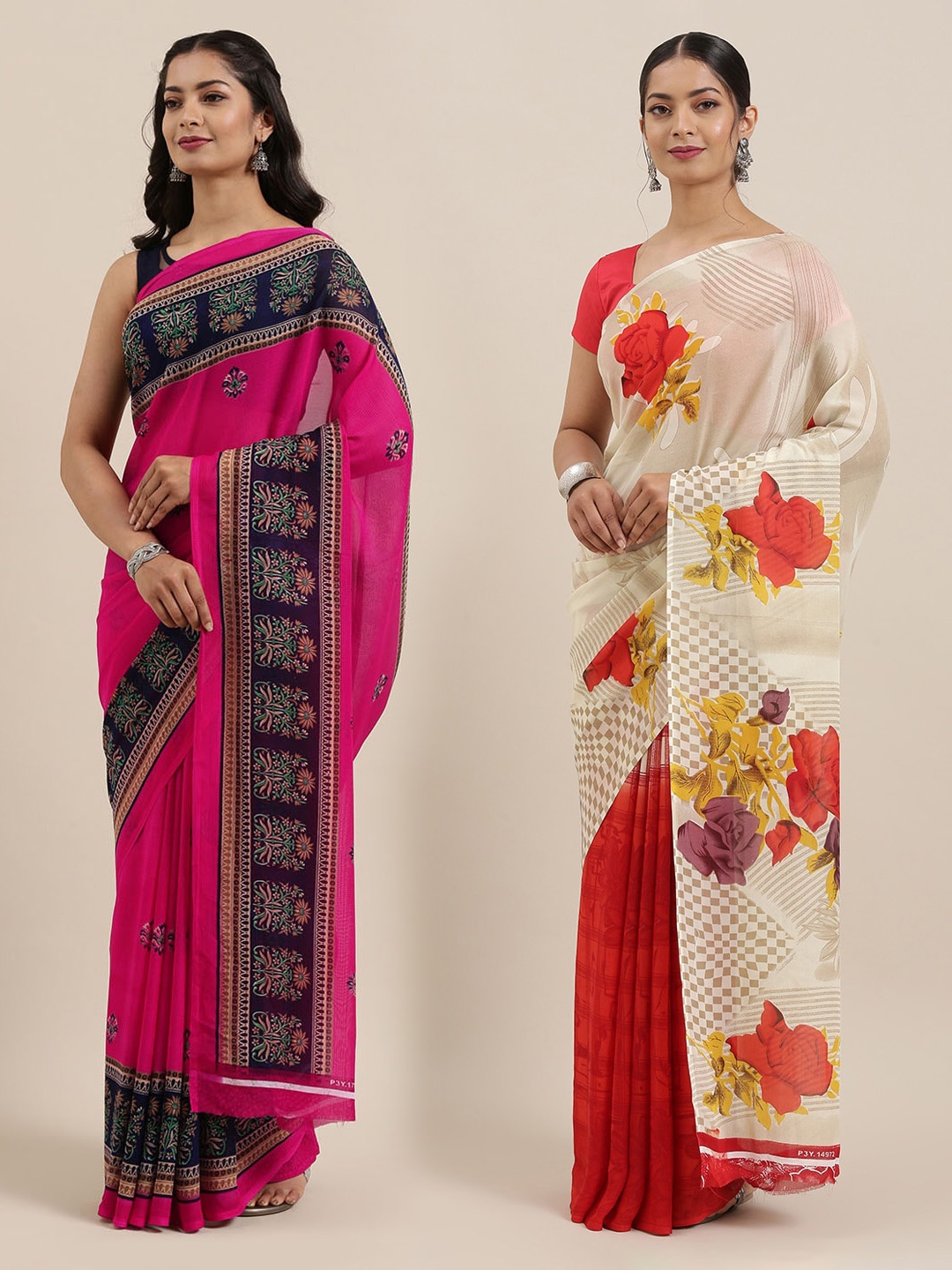 

KALINI Women Pack of 2 Printed Saree, Beige