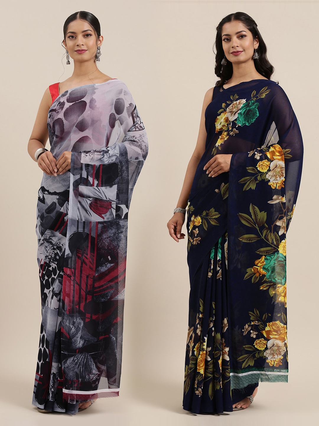 

ANAND SAREES Women Pack of 2 Printed Saree, Navy blue