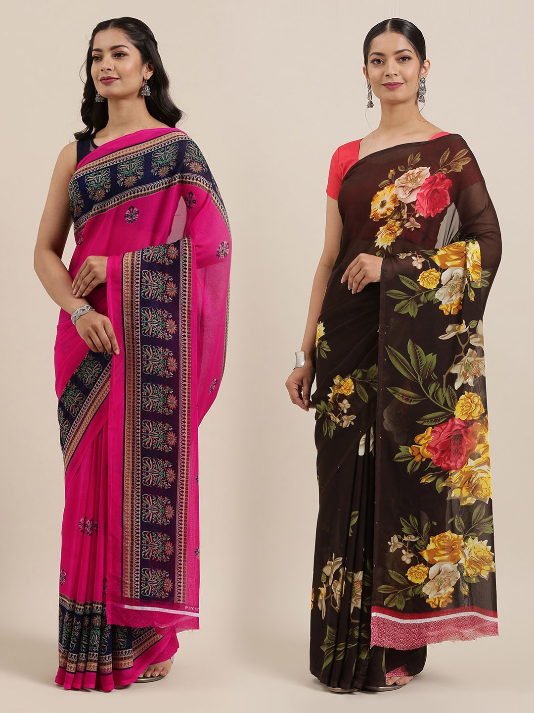 

KALINI Women Pack of 2 Printed Saree, Coffee brown