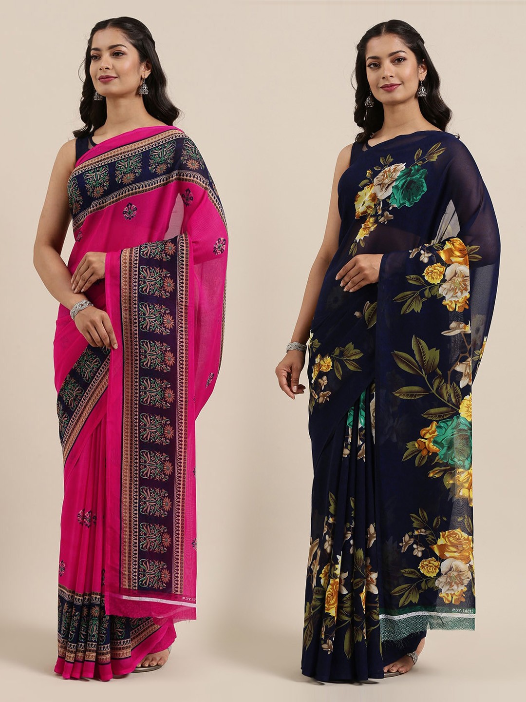 

KALINI Women Pack of 2 Printed Saree, Navy blue