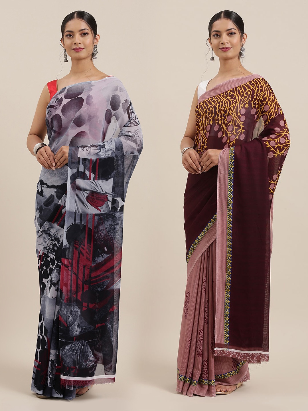 

ANAND SAREES Pack Of 2 Printed Poly Georgette Sarees, Grey