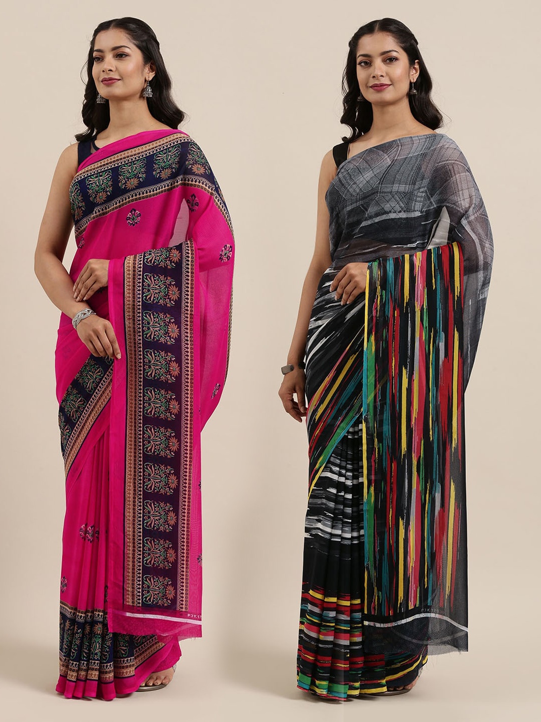 

KALINI Pack Of 2 Printed Poly Georgette Sarees, Pink