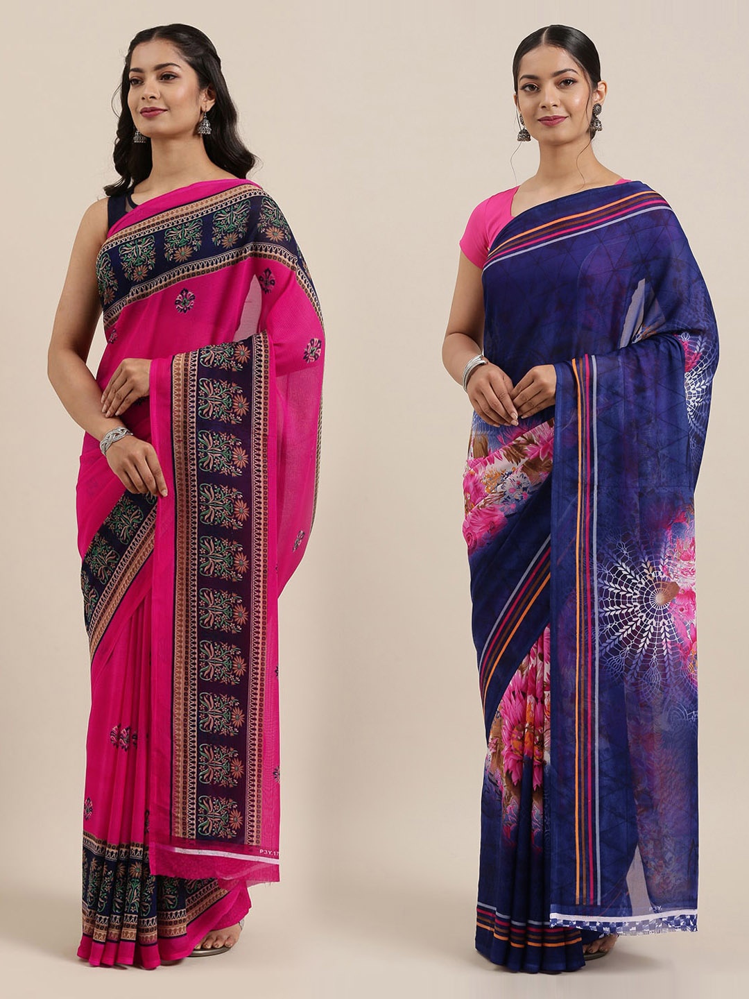 

KALINI Pack Of 2 Printed Poly Georgette Sarees, Navy blue