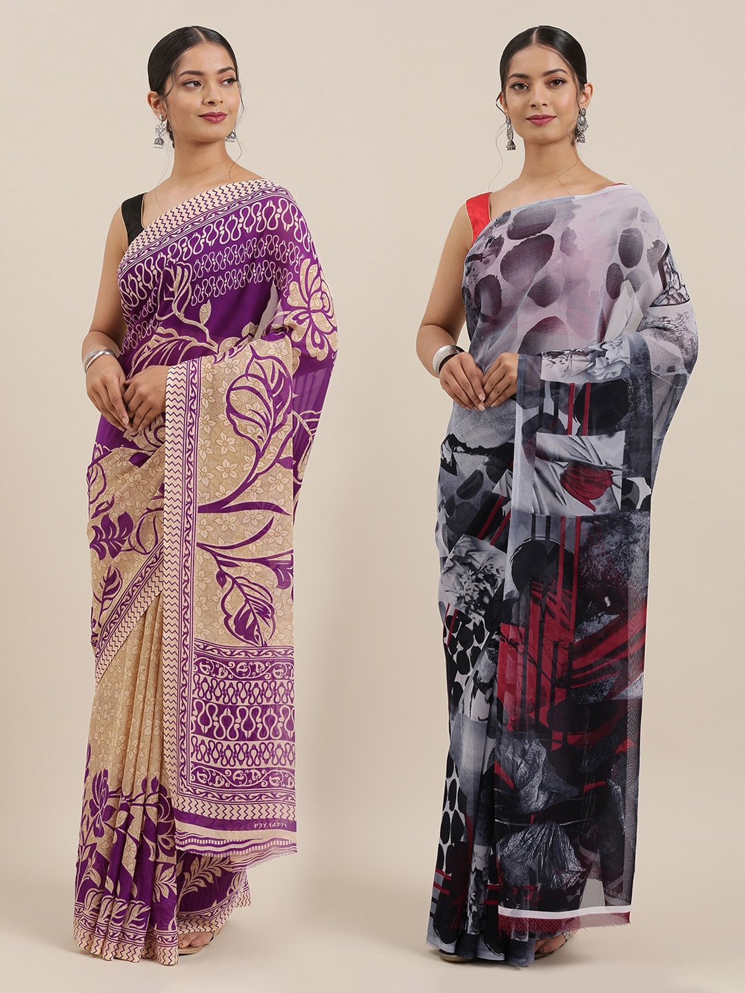 

KALINI Pack Of 2 Printed Poly Georgette Sarees, Beige