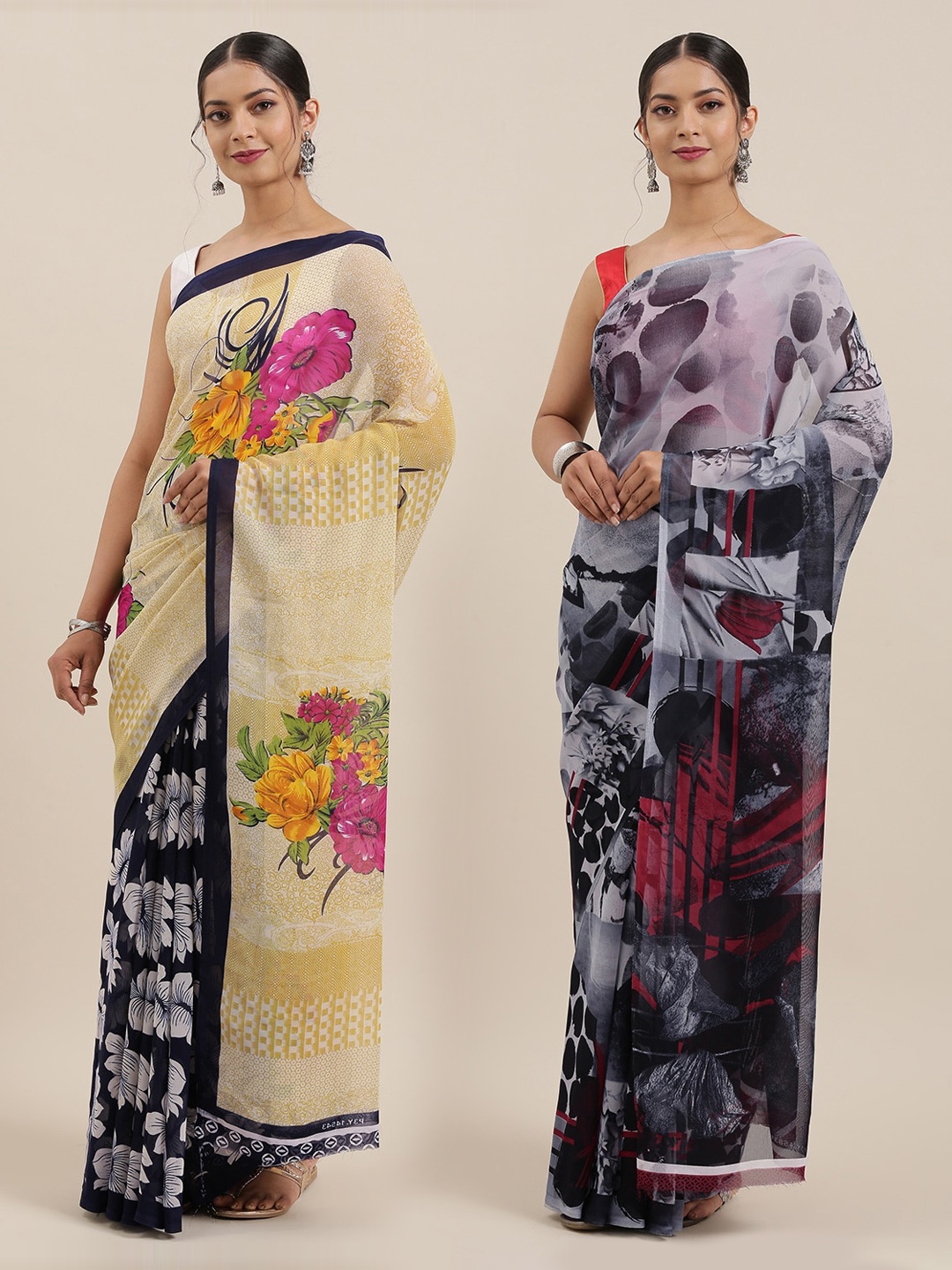 

ANAND SAREES Pack Of 2 Printed Poly Georgette Sarees, Beige