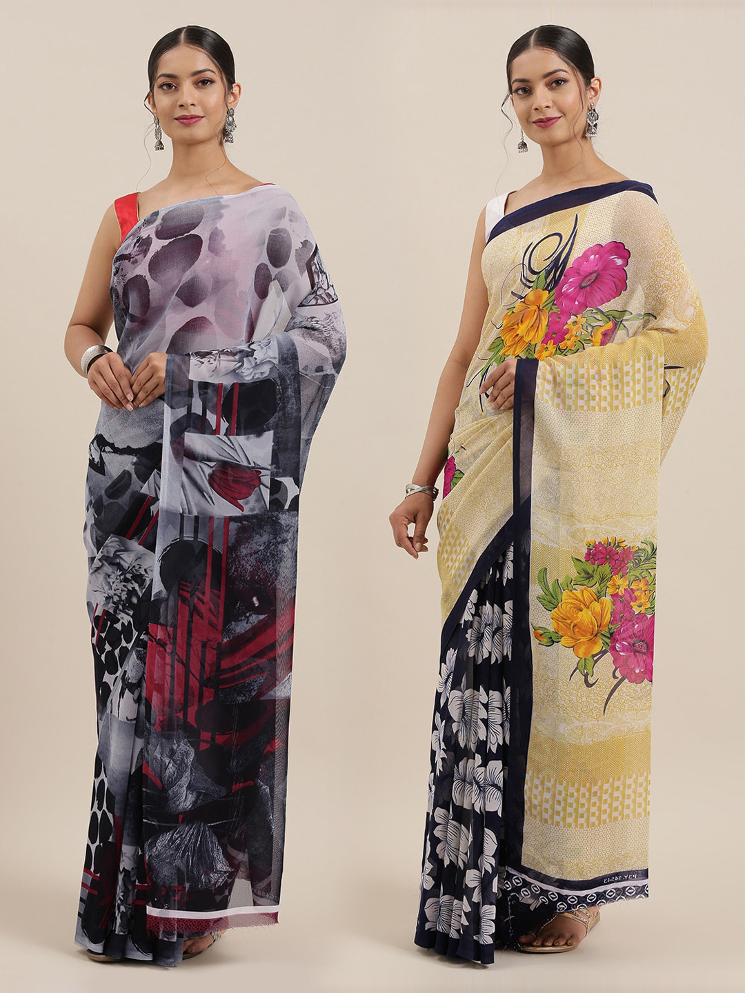 

ANAND SAREES Pack Of 2 Printed Poly Georgette Sarees, Grey