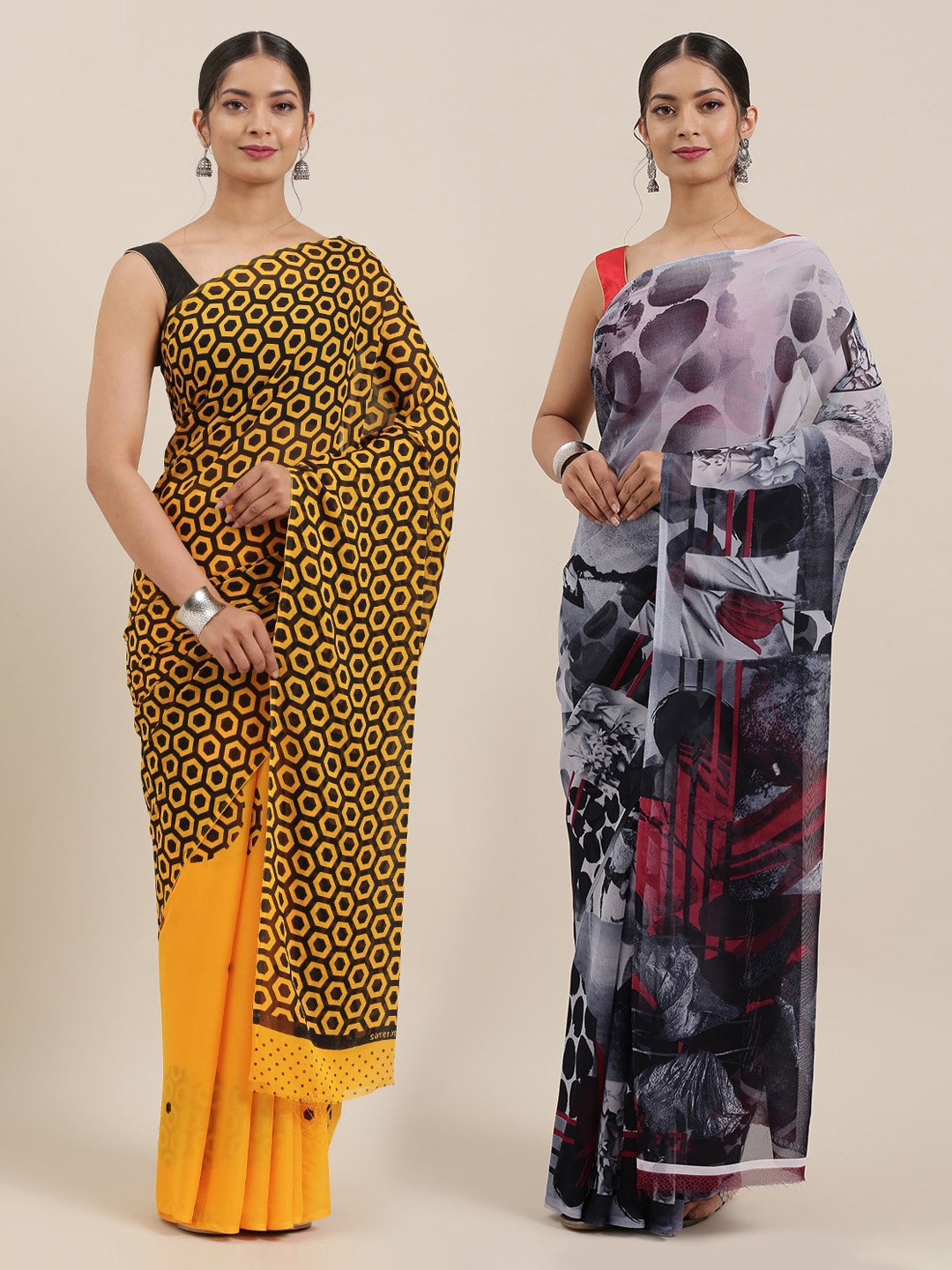 

KALINI Pack Of 2 Printed Poly Georgette Sarees, Grey