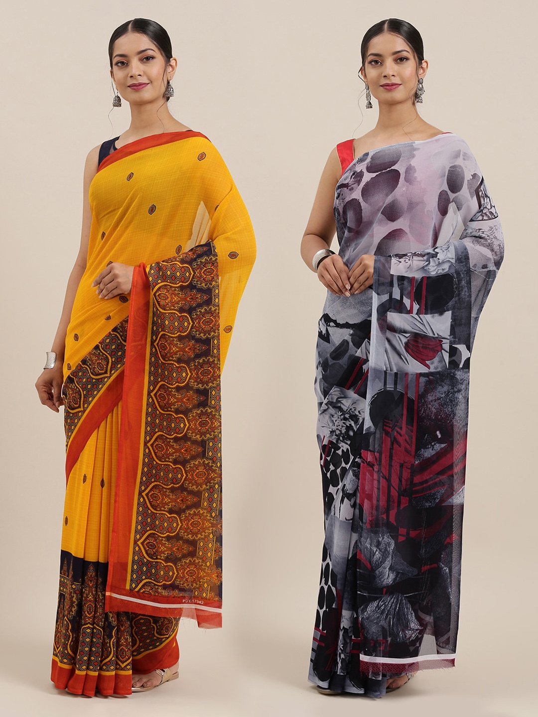 

KALINI Pack Of 2 Printed Poly Georgette Saree, Mustard