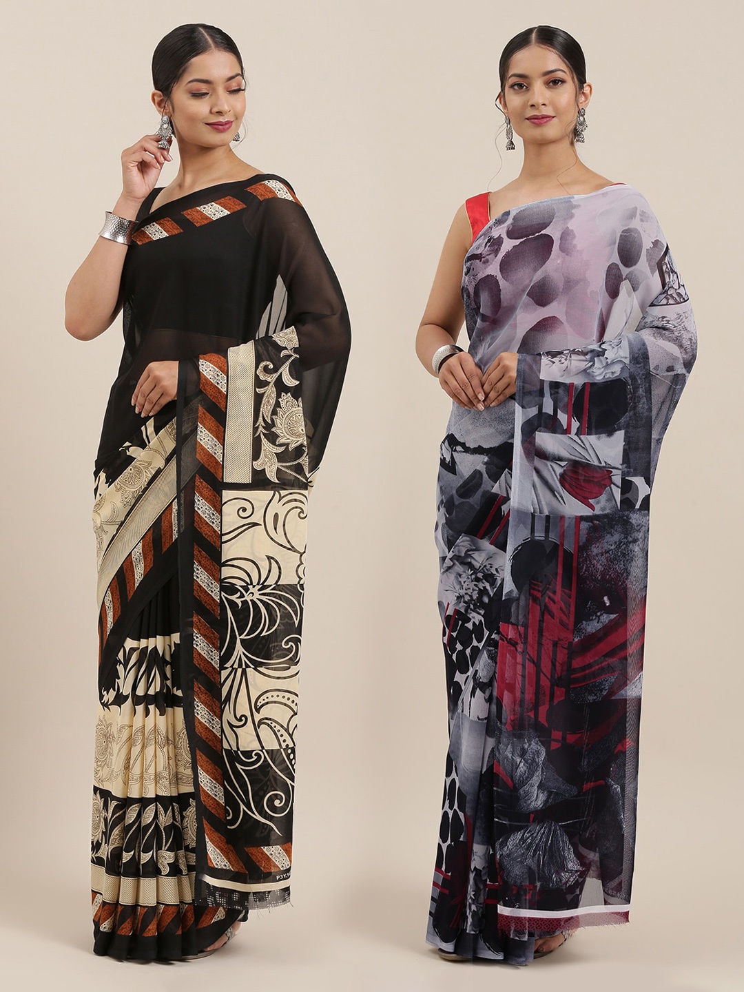 

ANAND SAREES Pack Of 2 Printed Poly Georgette Saree, Black