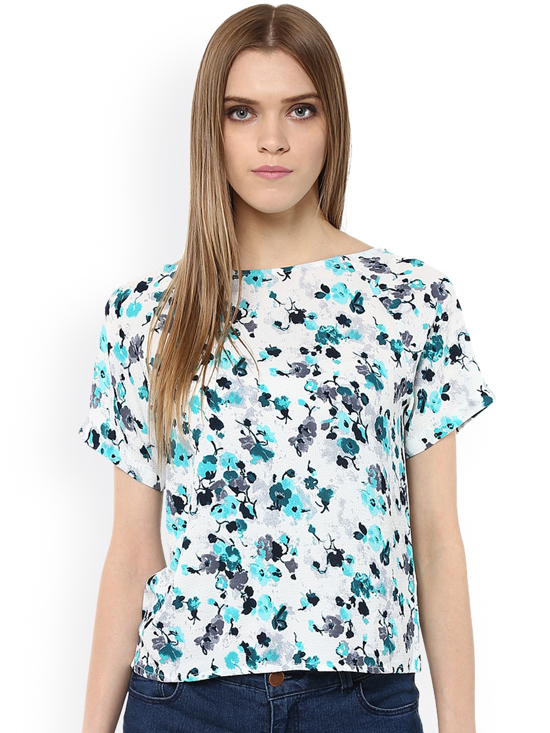 

Harpa White & Sea Green Floral Print Crepe Top