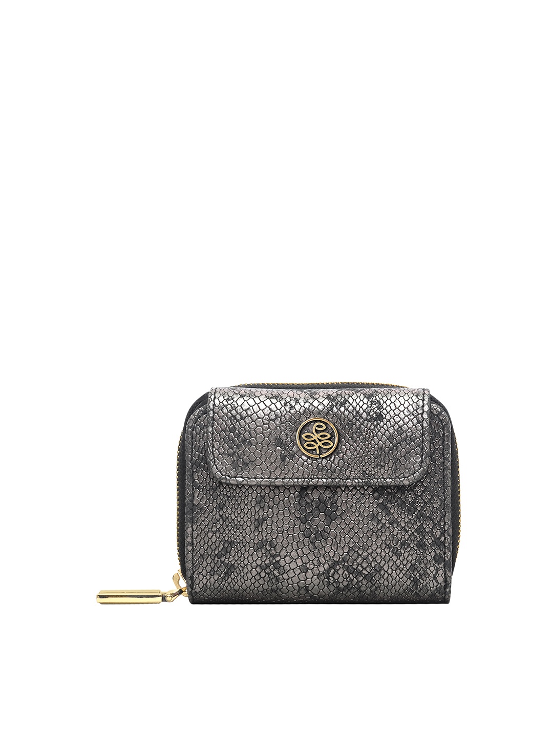 

Eske Women Black Snakeskin Textured Zip Around Wallet