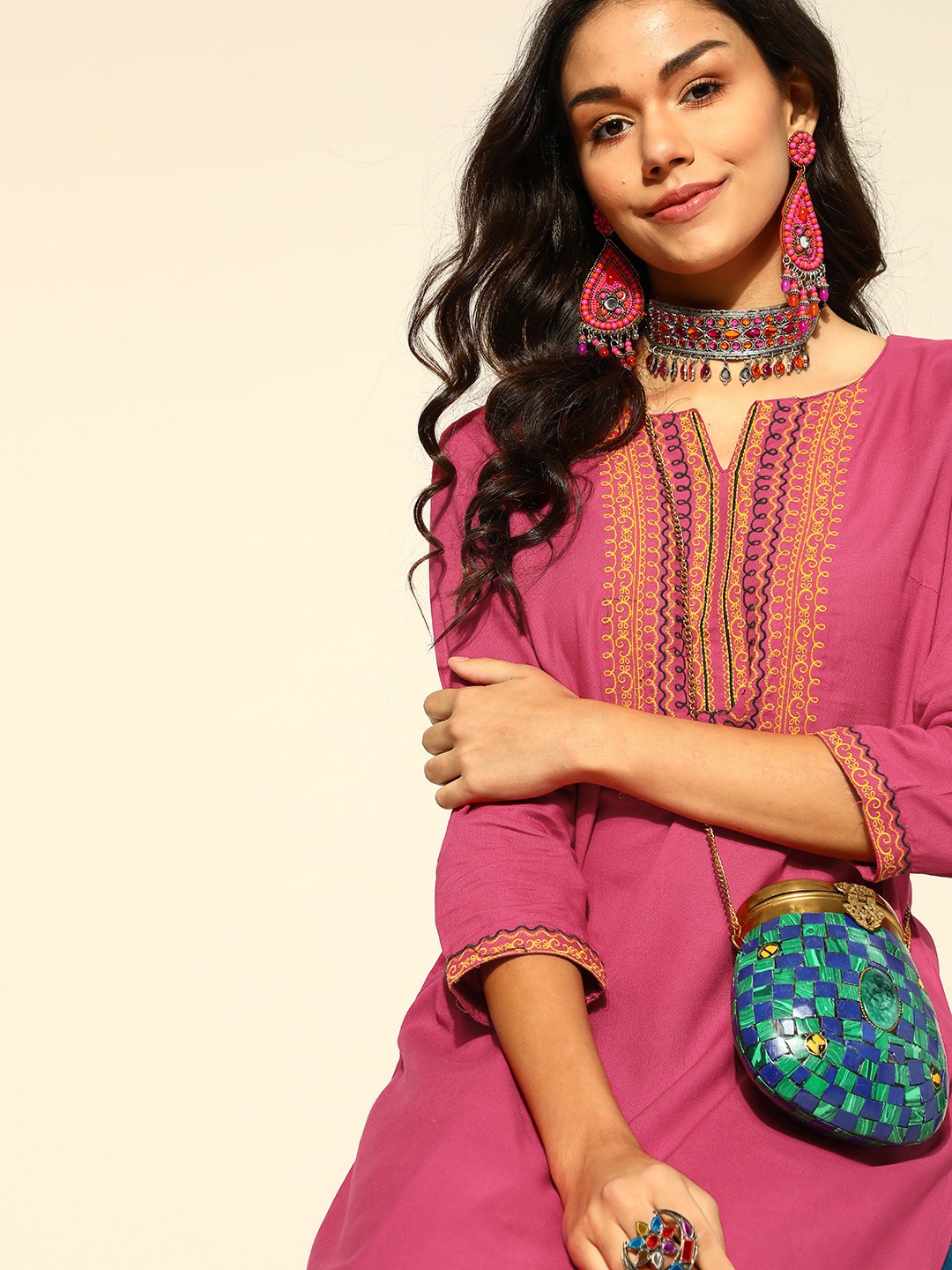 

HERE&NOW Women Magenta & Mustard Yellow Ethnic Motifs Yoke Design Kurta