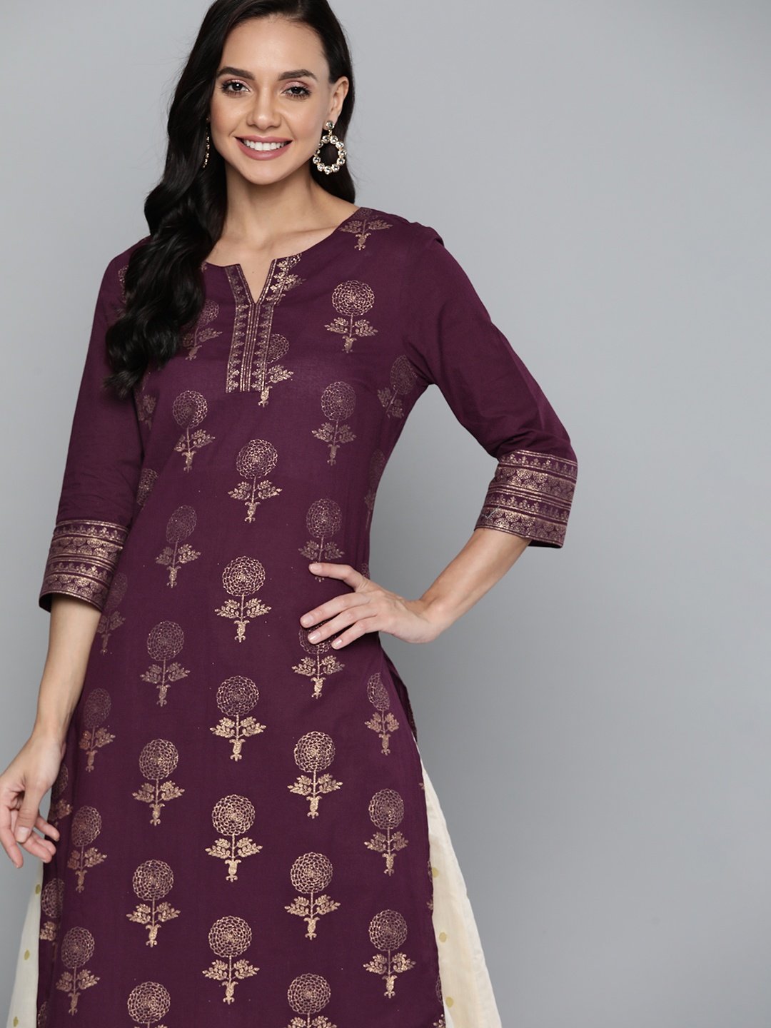 

HERE&NOW Women Burgundy & Golden Ethnic Motifs Print Cotton Straight Kurta