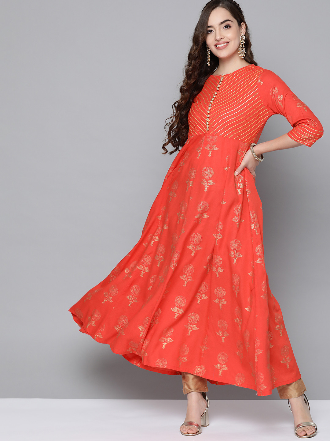 

HERE&NOW Women Orange & Golden Ethnic Motifs Printed Anarkali Kurta