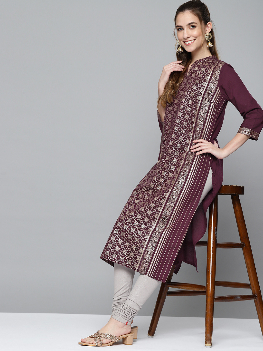 

HERE&NOW Women Burgundy & Muted Golden Pure Cotton Ethnic Motifs Printed Straight Kurta