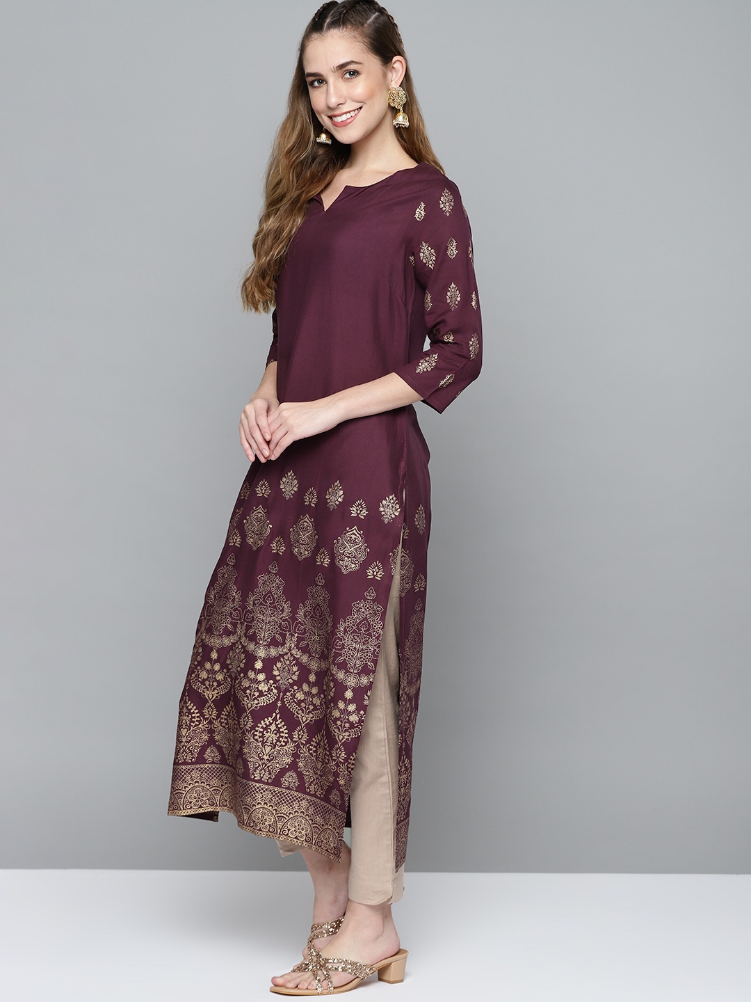 

HERE&NOW Women Burgundy & Golden Ethnic Motifs Printed Kurta