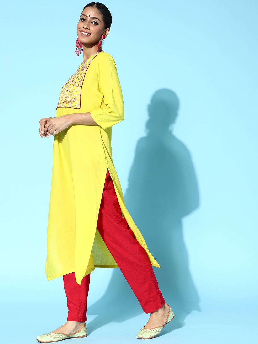 

HERE&NOW Women Lime Green Thread Work Yoke Design Kurta