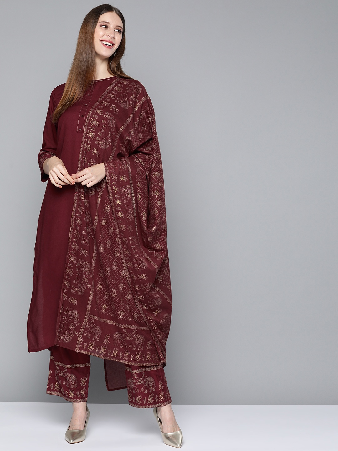 

HERE&NOW Women Maroon & Golden Kurta with Trousers & Dupatta