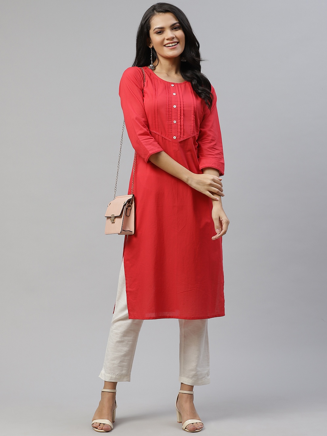 

HERE&NOW Women Red Pintuck Yoke Pure Cotton Kurta