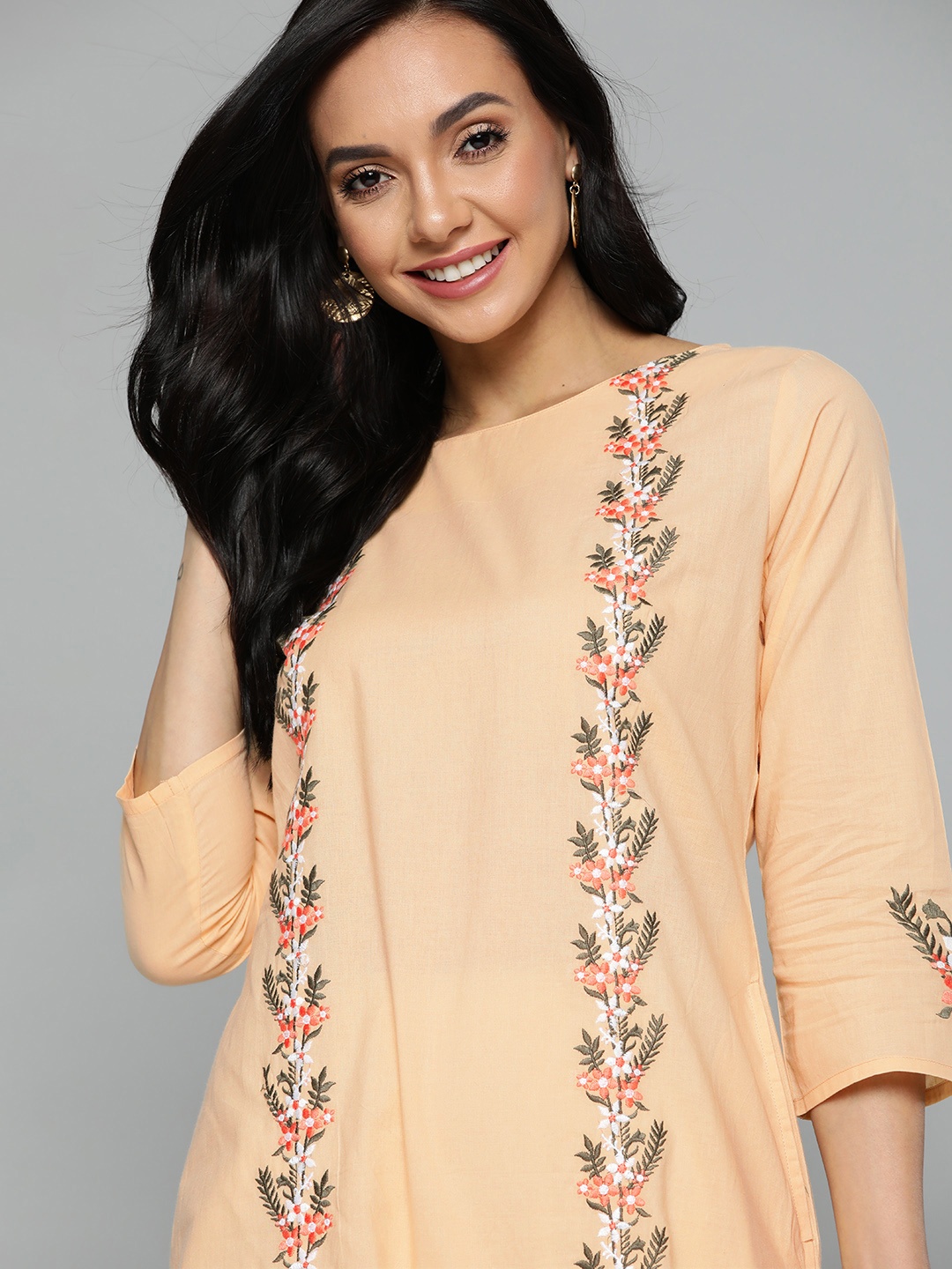 

HERE&NOW Women Beige Embroidered Pure Cotton Straight Kurta