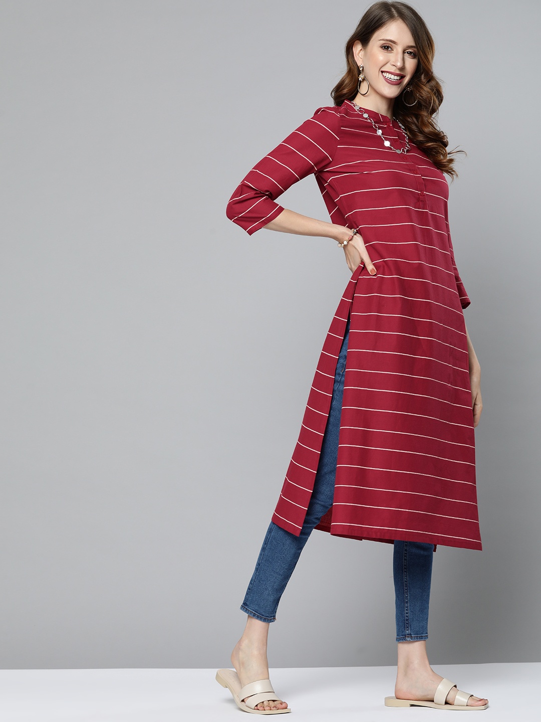 

HERE&NOW Women Maroon & Off White Striped Cotton Kurta