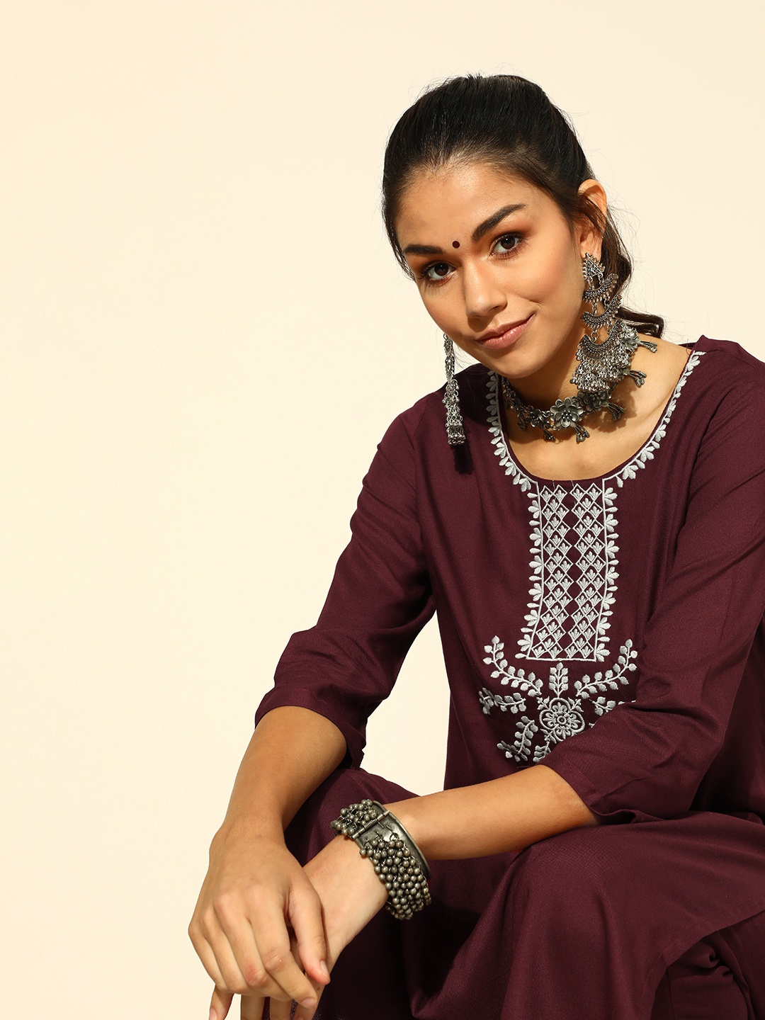 

HERE&NOW Women Maroon Yoke Embroidered Kurta with Palazzos