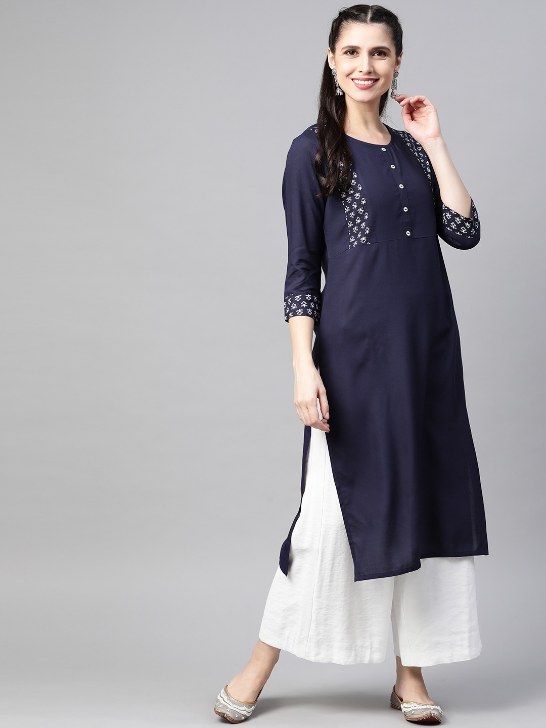 

HERE&NOW Women Navy Blue Ethnic Motifs Yoke Design Straight Kurta
