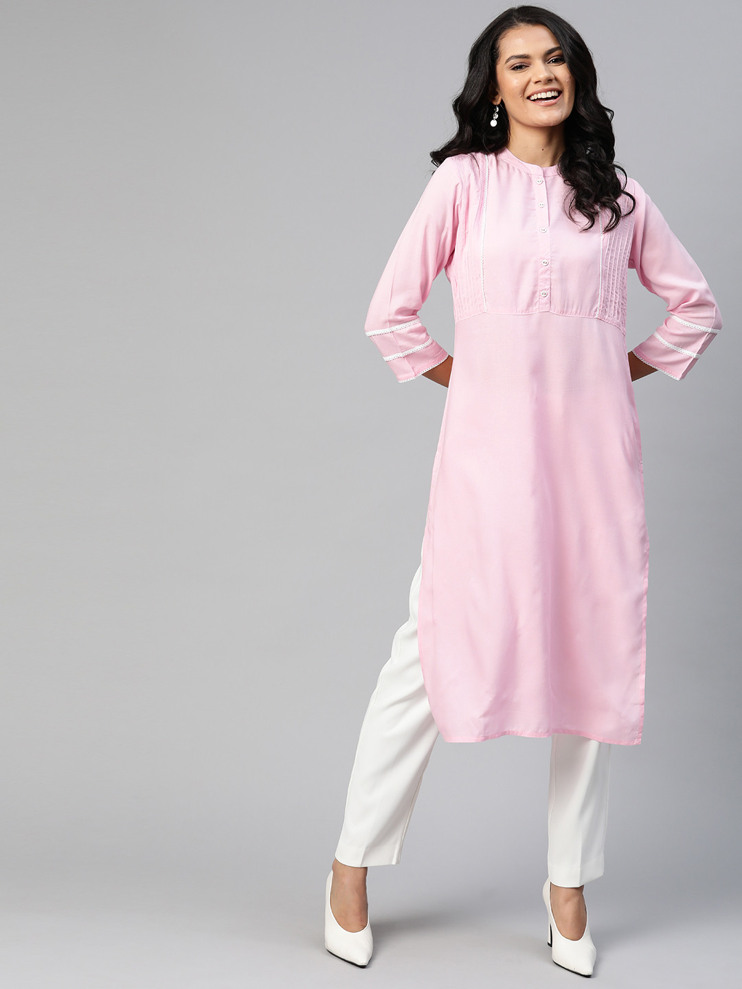 

HERE&NOW Women Pink Solid Pintuck Pleated Straight Kurta