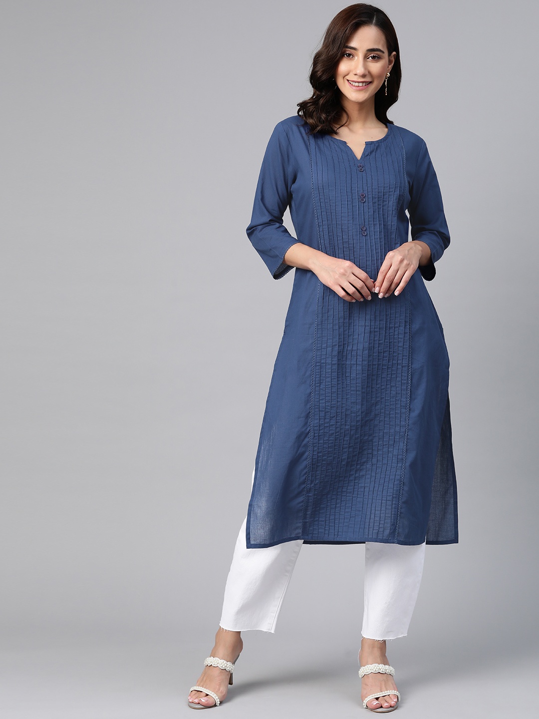 

HERE&NOW Women Navy Blue Pleated Indigo Kurta