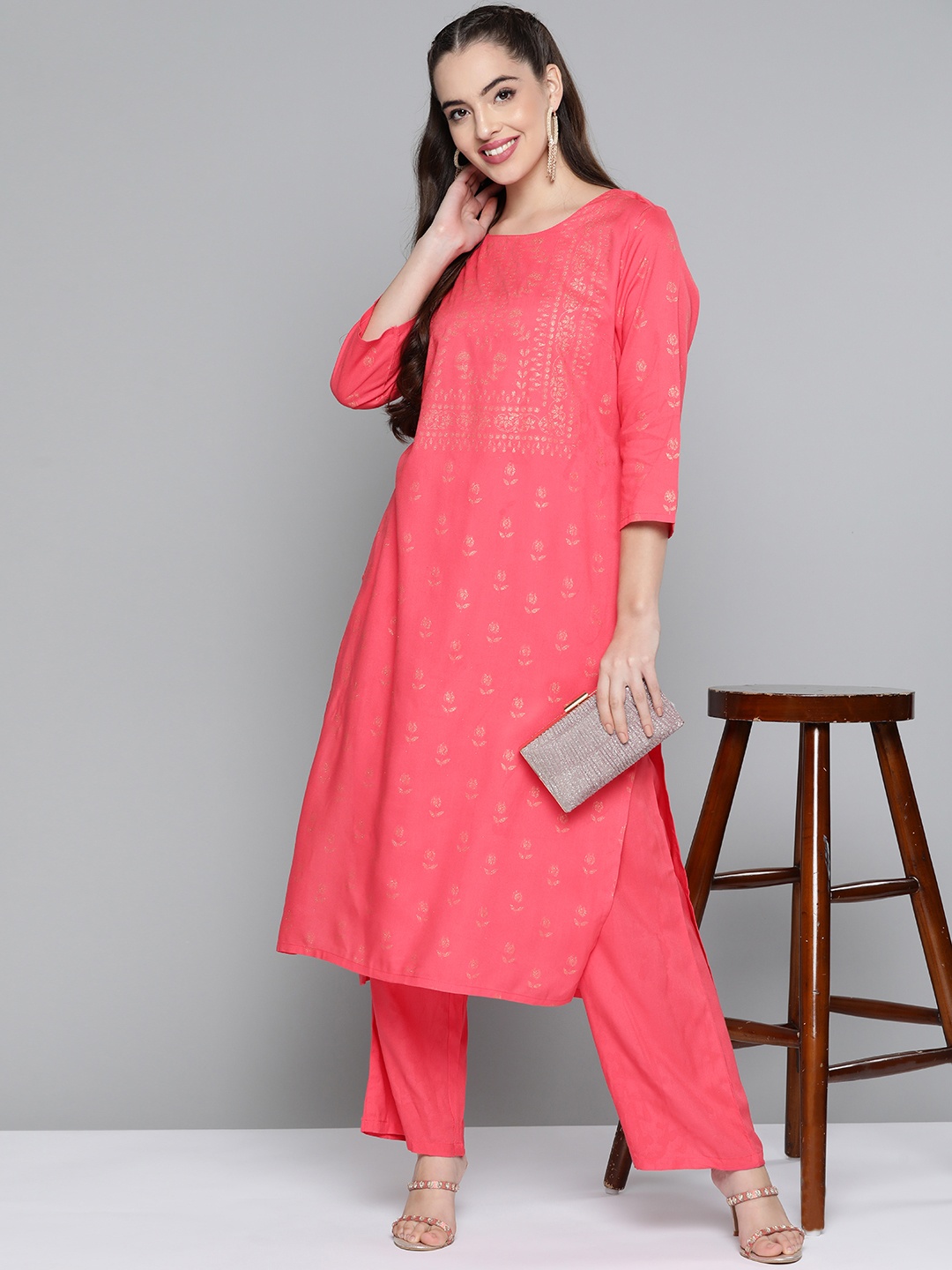 

HERE&NOW Women Pink & Golden Ethnic Motifs Printed Kurta with Palazzos