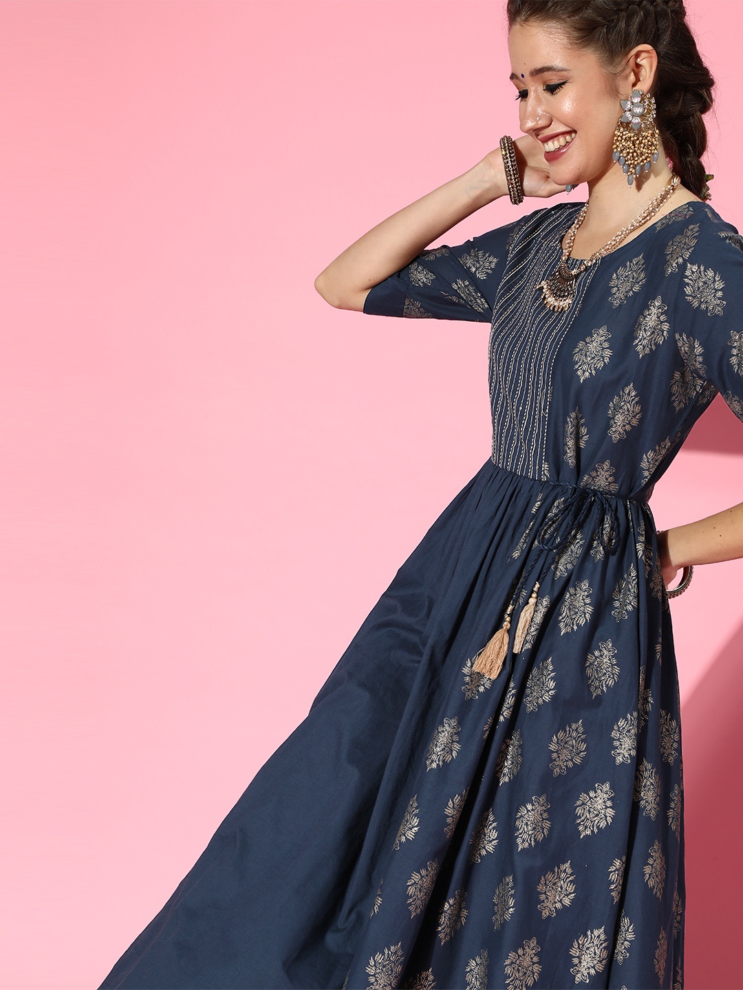 

HERE&NOW Women Navy Blue & Golden Cotton Ethnic Motifs Printed A-Line Kurta
