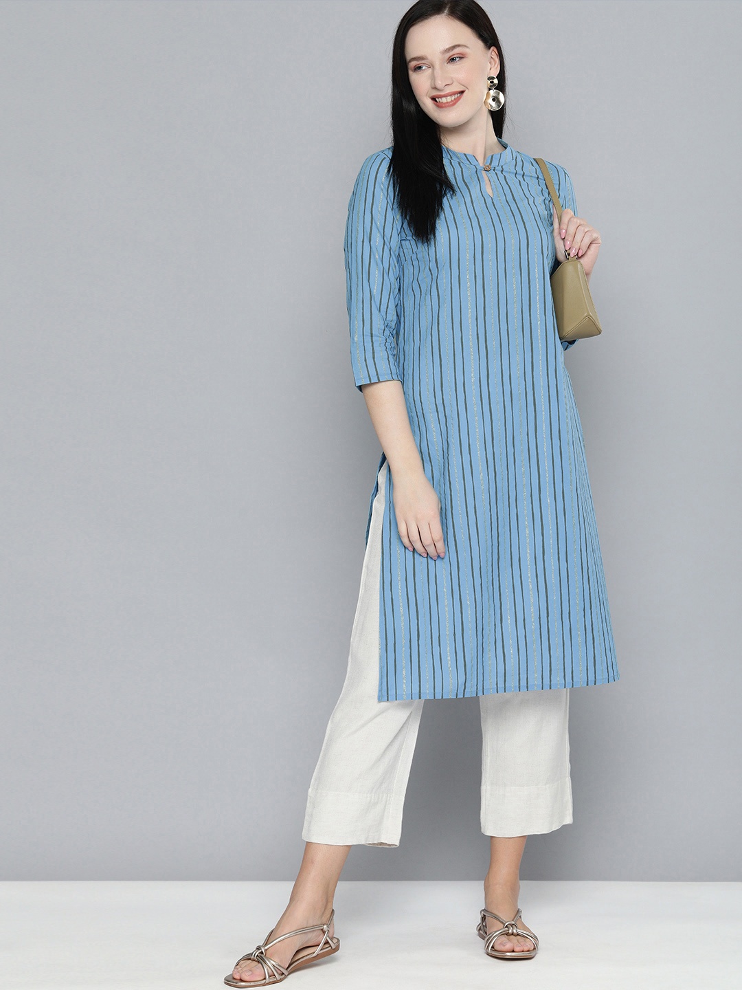 

HERE&NOW Women Blue & Brown Striped Keyhole Neck Kurta