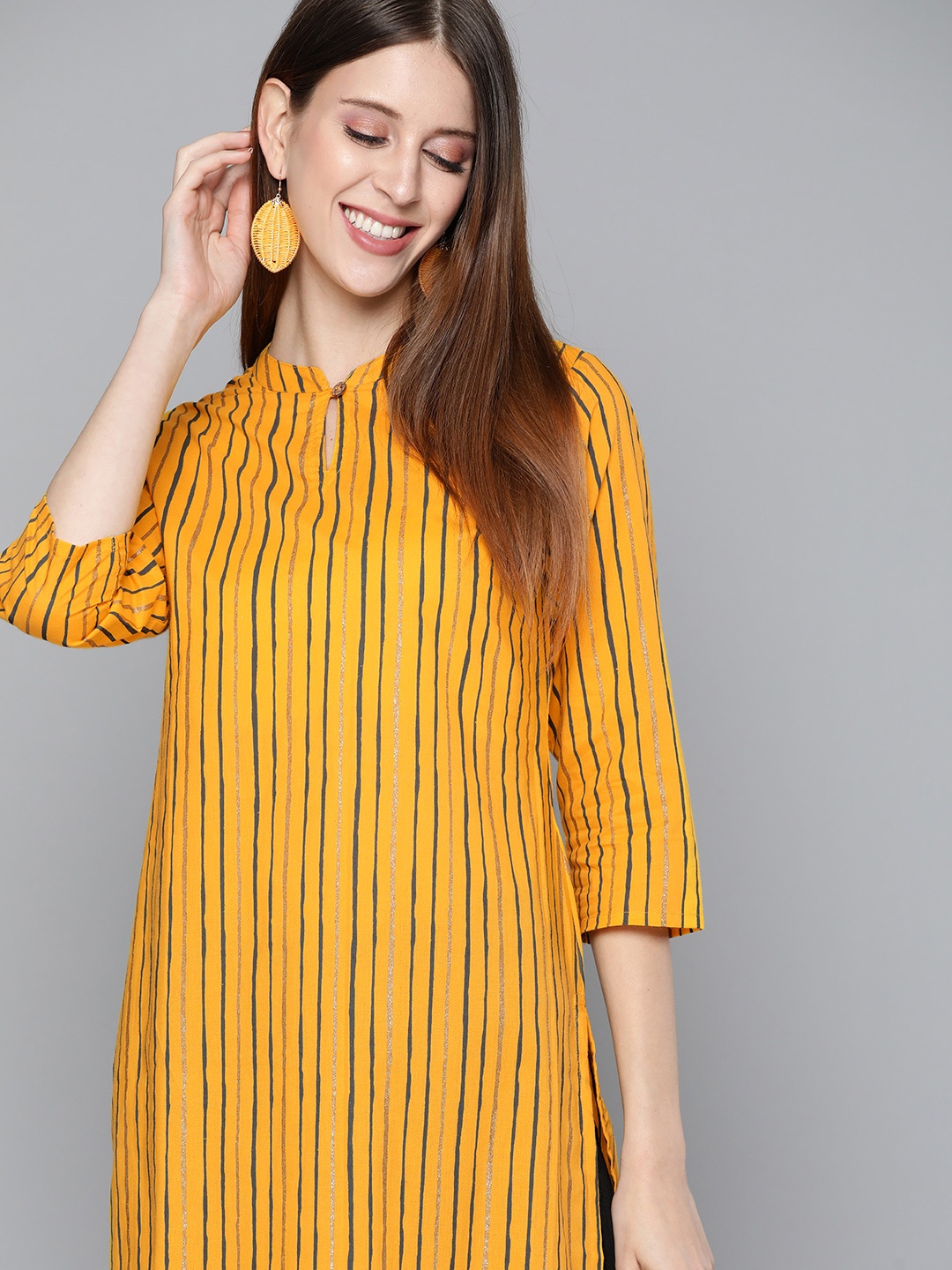 

HERE&NOW Women Mustard Yellow & Navy Blue Striped Cotton Keyhole Neck Kurta