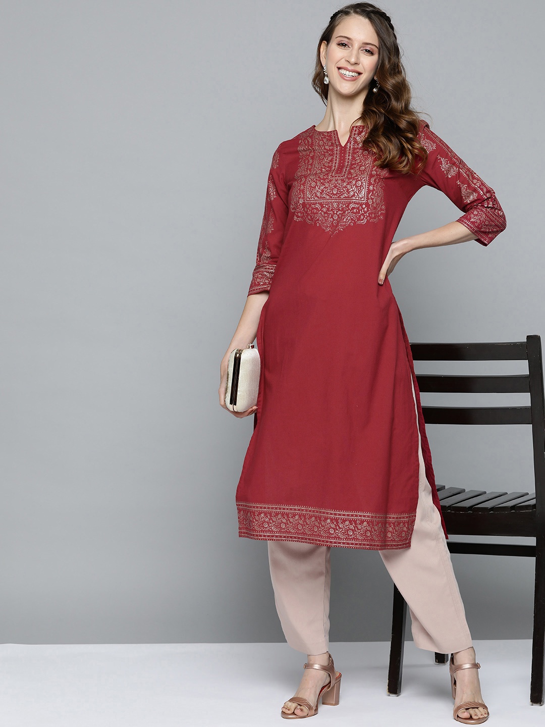 

HERE&NOW Women Red & Golden Ethnic Motifs Printed Cotton Kurta